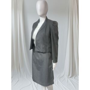 Mizz Lizz Vintage Two Piece Gray Stripe Detail Puff Long Sleeves Knee Length Sui